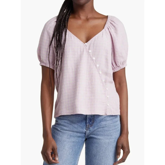 Madewell Pink Plaid Linen  Blend Puff Sleeve Summer Top Blouse 3X - Picture 1 of 10